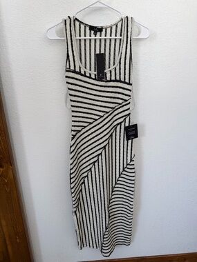 Lulu's Black and Cream Striped Knit Midi Dress
